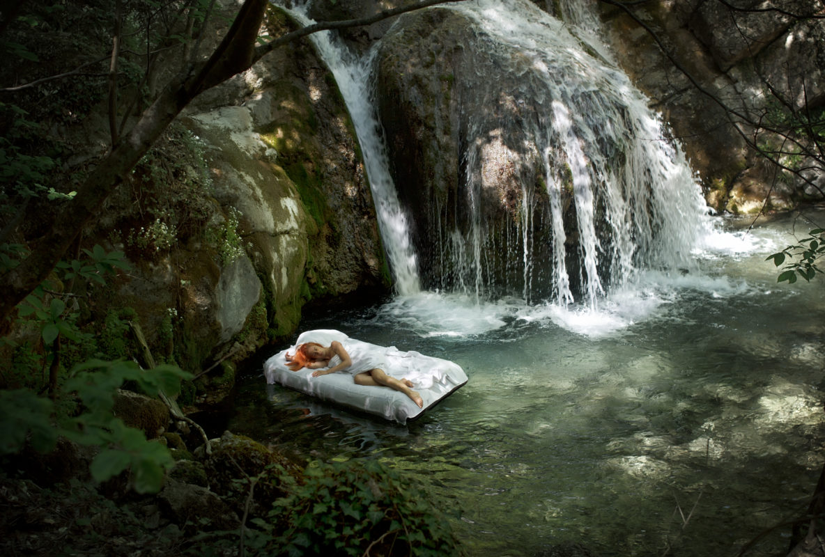 A,Hidden,Place.,Sleeping,Woman,In,Deep,Forest,With,Waterfall