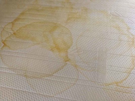 Dried yellow urine stains on a mattress